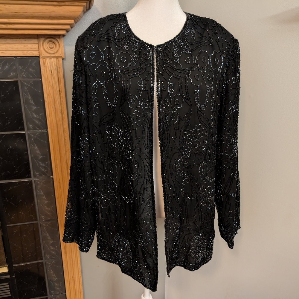 Scala Beaded‎ Pure Silk Cocktail Jacket Hip Length Black Floral Beadwork Size XL